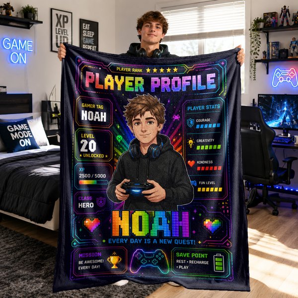 Personalised Player Profile Photo Soft Throw Blanket with Name and Level Home Decor Game Night Birthday Gift for Game Lovers