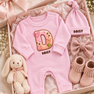 Personalised Sweet Western Cowgirl Initial Cactus Star Horseshoe 100% Cotton Baby Romper Hat Set with Name Baby Shower Birthday Gift for Baby Newborn