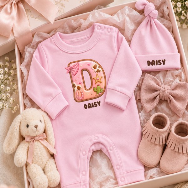 Personalized Sweet Western Cowgirl Initial Cactus Star Horseshoe 100% Cotton Baby Romper Hat Set with Name Baby Shower Birthday Gift for Baby Newborn
