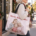 Personalized Semi-Realistic Photo Striped Tote Bag with Zipper and Text Casual Travel Birthday Gift for Family Friends