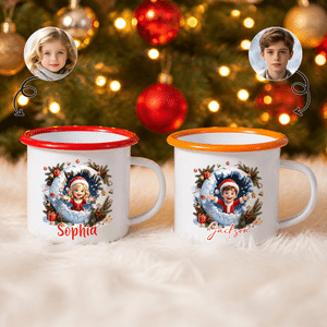 Personalisierte 3D-Kunst: Niedliche Weihnachtsmannmütze, Cartoon-Motiv, Kinderfoto – 12 oz Emaille-Becher mit Namen, Weihnachtsgeschenk für Kinder