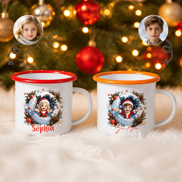 Personalised 3D-Style Art Cute Santa Hat Cartoon Kid Photo 12 oz Enamel Mug with Name Christmas Gift for Children