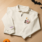 Personalized Reading Ghost Embroidered Quarter Zip Sweatshirt with Name Birthday Halloween Party Gift for Bookworm Book Lovers