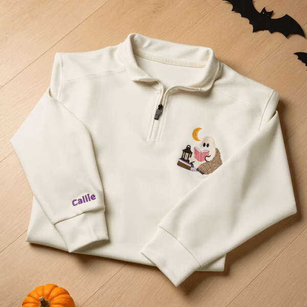 Personalized Reading Ghost Embroidered Quarter Zip Sweatshirt with Name Birthday Halloween Party Gift for Bookworm Book Lovers