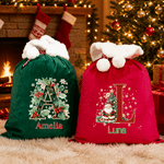 Personalised Christmas Theme Initial Velvet Pom-Pom Santa Sack Gift Bag with Name Holiday Decor Christmas Gift for Kids Family Friends