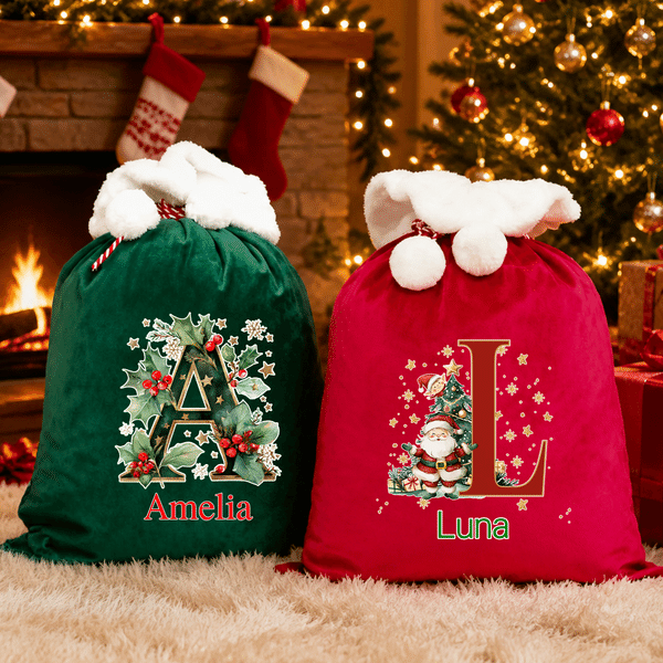 Personalised Christmas Theme Initial Velvet Pom-Pom Santa Sack Gift Bag with Name Holiday Decor Christmas Gift for Kids Family Friends