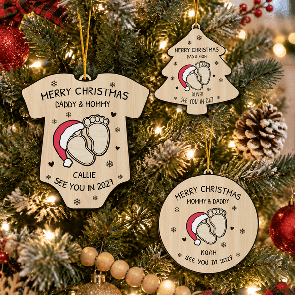 Personalised Merry Christmas Santa Hat Footprints Christmas Ornament with Title Name and Year Tree Decor Christmas Gift for New Parents Family