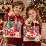 Personalized Christmas Theme Cartoon Character Photo Transparent Gift Bag with Name Initial and Bow Christmas Gift for Kids