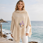 Gepersonaliseerde, veelkleurige sjaal/omslagdoek met cartoonfiguurtje, foto, geboortebloem en kwastjes, met naam – winteraccessoire, kerstcadeau voor vrouwen