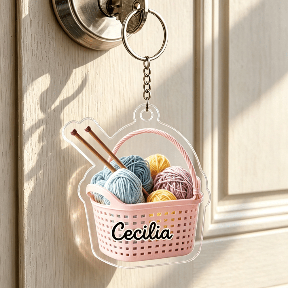 Personalised Cute Knitting Theme Pattern Design Acrylic Keyring with Name Birthday Gift for Knitting Lovers 5