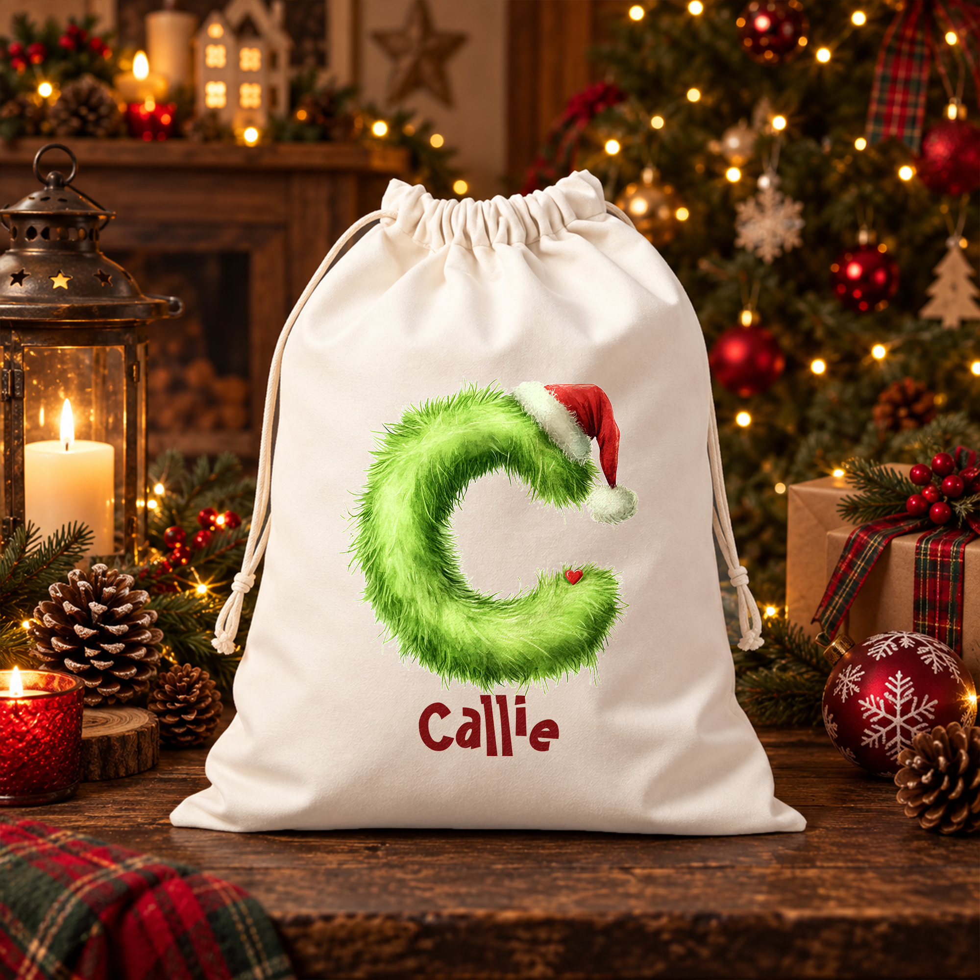 Personalisierte Plüsch-Weihnachtsmütze mit Initialen, Weihnachtsgeschenktüte mit Kordelzug, Weihnachtssack mit Namensaufdruck, Baumschmuck, Weihnachtsgeschenk für Kinder, Familie und Freunde
