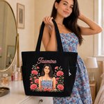 Personalized Birth Flower 3D-Effect Artwork Photo Large Capacity Corduroy Tote Bag with Name Anniversary Birthday Gift for Women Best Friend