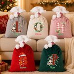 Personalised Christmas Theme Initial Velvet Pom-Pom Santa Sack Gift Bag with Name Holiday Decor Christmas Gift for Kids Family Friends