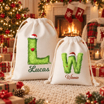 Personalised Plush Santa Hat Initial Drawstring Christmas Gift Bag Santa Sack with Name Tree Decor Christmas Eve Gift for Kids Family Friends