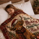 Personalisierte weiche Weihnachtsdecke mit Highland-Kuh-Motiv und Namen – Wohnaccessoire, Geschenk zum Geburtstag, zum Jubiläum oder zu Weihnachten für Familie und Freunde