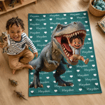 Personalized 3D-Effect Artwork Cartoon Dinosaur Kid Character Photo Soft Throw Blanket with Name Home Decor Back to School Birthday Gift for Kid