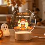 Personalised Halloween Theme Photo Pumpkin Bat Moon Acrylic LED Night Light with Name and Wooden Base Bedroom Decor Halloween Party Gift for Kid