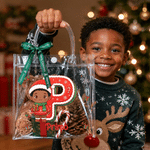 Personalized Christmas Theme Cartoon Character Photo Transparent Gift Bag with Name Initial and Bow Christmas Gift for Kids