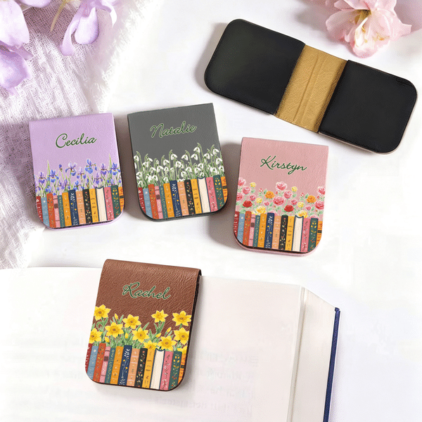 Personalized Birth Flower Book Magnetic PU Leather Bookmark Clip with Name Daily Use Reading Accessory Birthday Gift for Bookworms Book Lovers