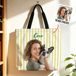 Personalized Semi-Realistic Photo Striped Tote Bag with Zipper and Text Casual Travel Birthday Gift for Family Friends