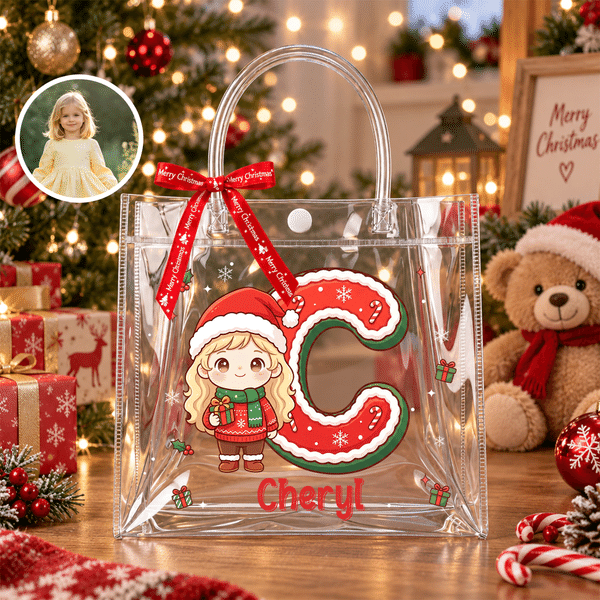 Personalized Christmas Theme Cartoon Character Photo Transparent Gift Bag with Name Initial and Bow Christmas Gift for Kids