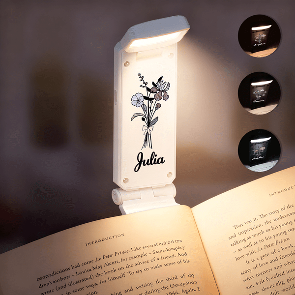 Personalized Birth Flower LED Rechargeable Light Clip with Name Reading Accessories Birthday Gift for Book Lovers Readers Students