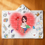 Personalized Birth Flower Cartoon Sewing Character Soft Hooded Blanket with Name Birthday Christmas Gift for Sewing Lovers