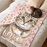 Manta suave personalizada con foto de tu mascota en acuarela y diseño de espina de pescado, con su nombre; ideal para uso diario, como regalo de cumpleaños o por la adopción de una mascota, para amant