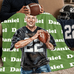 Personalized Oil Painting American Football Player Portrait Soft Throw Blanket with Name Bedroom Decor Birthday Gift for Rugby Players Teenagers