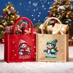 Gepersonaliseerde Schattige Sneeuwpop Sneeuwvlok Grote Jute Zak met Naam en Jaar Kerst Feest Cadeau voor Kinderen