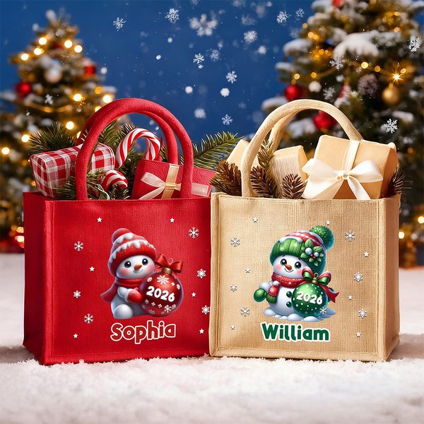 Gepersonaliseerde Schattige Sneeuwpop Sneeuwvlok Grote Jute Zak met Naam en Jaar Kerst Feest Cadeau voor Kinderen