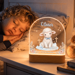 Lampada da notte LED personalizzata con versetto cristiano sull’agnello, base in legno e nome: ideale per la cameretta del bambino, regalo di compleanno per neonati