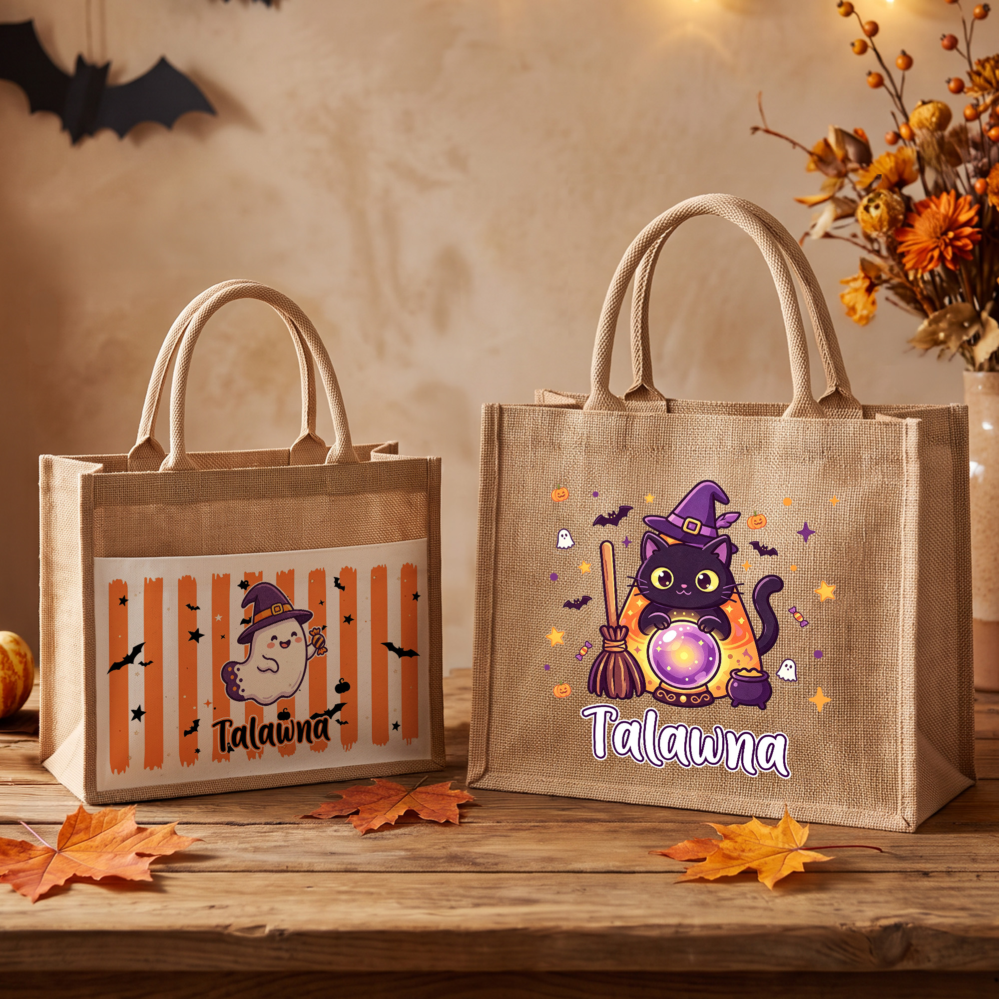 Personalised Halloween Cartoon Ghost Black Cat Pumpkin Large Jute Tote Bag with Name Halloween Party Holiday Gift for Kids Boys Girls