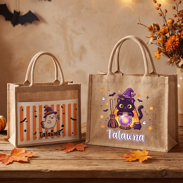 Gepersonaliseerde Halloween-cartoon: spook, zwarte kat en pompoen – grote jute draagtas met naam – Halloweenfeest- en feestdagcadeau voor kinderen (jongens en meisjes)