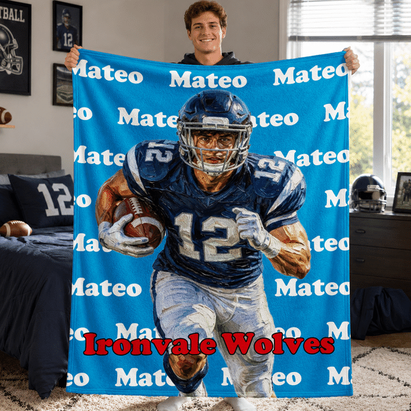 Personalized Oil Painting American Football Player Portrait Soft Throw Blanket with Name Bedroom Decor Birthday Gift for Rugby Players Teenagers