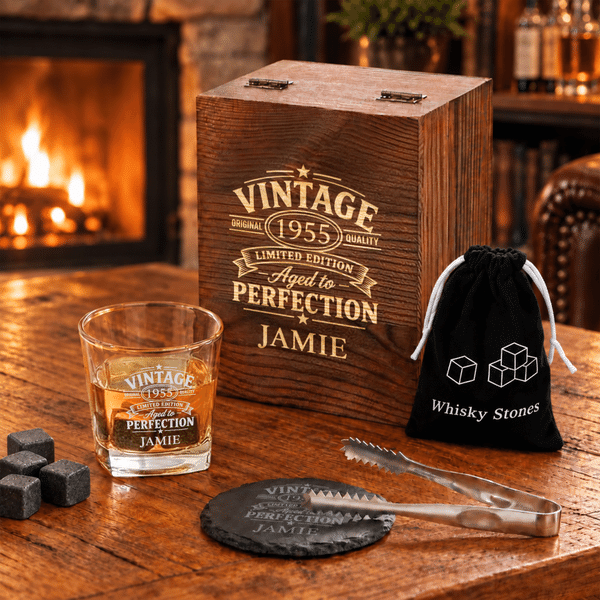 Personalized Vintage Whisky Glass 4 Stones Wooden Box Set with Name and Year Retirement Anniversary Birthday Gift for Husband Dad Grandpa