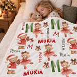 Personalised Christmas Cartoon Teddy Bear Soft Throw Blanket with Name and Initial Home Decor Christmas Gift for Kid Toddler Baby