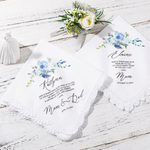 Personalised Wedding Floral Lace 100% Cotton Handkerchief with Name and Date Something Blue Bridal Shower Gift for Brides
