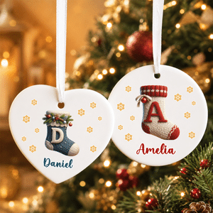 Personalized Christmas Sock Initial Heart Round Ceramic Ornament with Name Tree Decor Christmas Gift for Family Friend