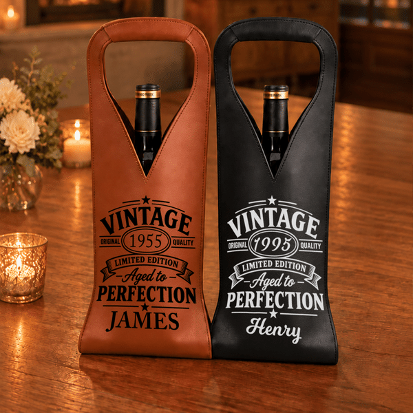 Bolsa de vino personalizada de cuero sintético PU con etiqueta vintage, con nombre y año: regalo de jubilación, aniversario o cumpleaños para papá y los amantes del vino