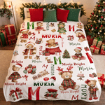 Personalised Christmas Cartoon Teddy Bear Soft Throw Blanket with Name and Initial Home Decor Christmas Gift for Kid Toddler Baby