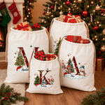 Personalized Santa Claus Snowman Christmas Tree Drawstring Canvas Gift Bag with Name and Initial Christmas Gift for Kids Family