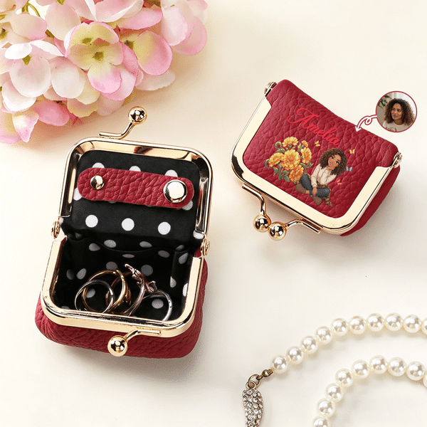 Personalized Birth Flower Cartoon Character Photo Portable PU Leather Mini Jewelry Case with Kiss Lock and Name Daily Use Birthday Gift for Women