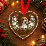 Décoration de Noël personnalisée en verre acrylique représentant une peinture à l'huile d'un animal de compagnie, avec sa photo, sa fleur de naissance, son nom et un texte ; cadeau commémoratif pour l