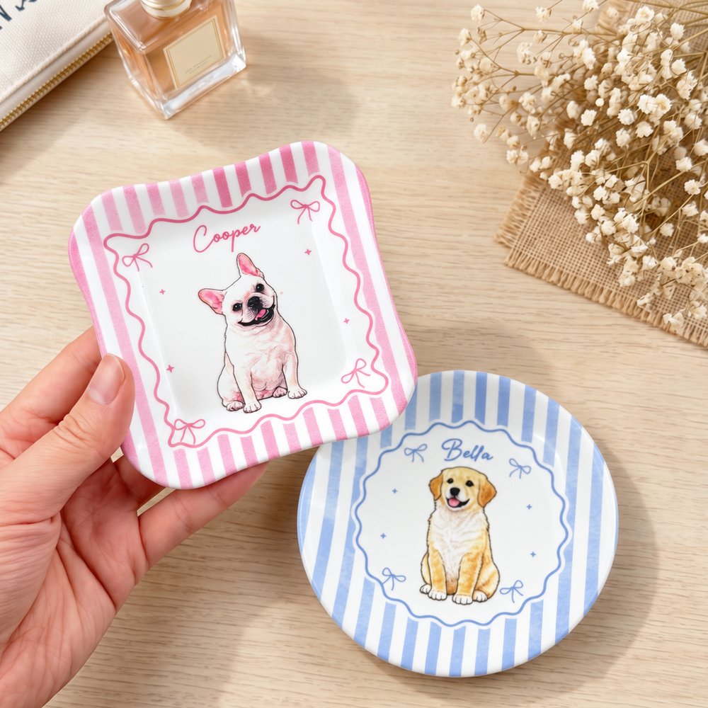 Bandeja decorativa de cerámica con diseño de acuarela personalizada, con la foto de tu mascota y su nombre, ideal como regalo de cumpleaños para mujeres amantes de las mascotas 6