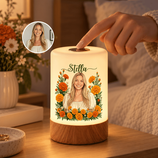 Personalised Birth Flower Aesthetic Portrait Dimmable Touch Control LED Night Light with Name Bedroom Decor Birthday Gift for Book Lover Bookworm