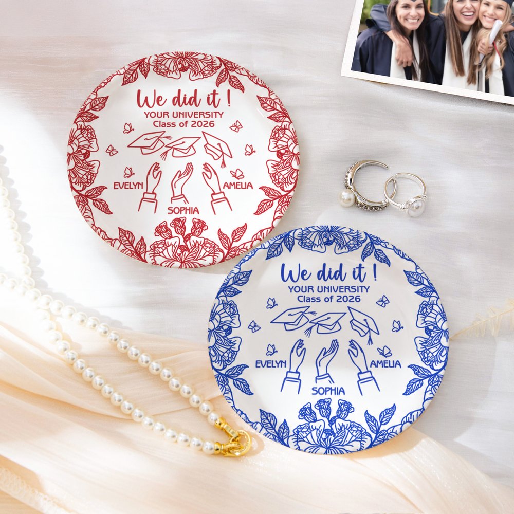 Personalizzato Multicolore Graduation Cap Toss Design Ceramic Trinket Jewelry Dishish con nome e anno Home Decor Graduation Gift per amici laureati 2