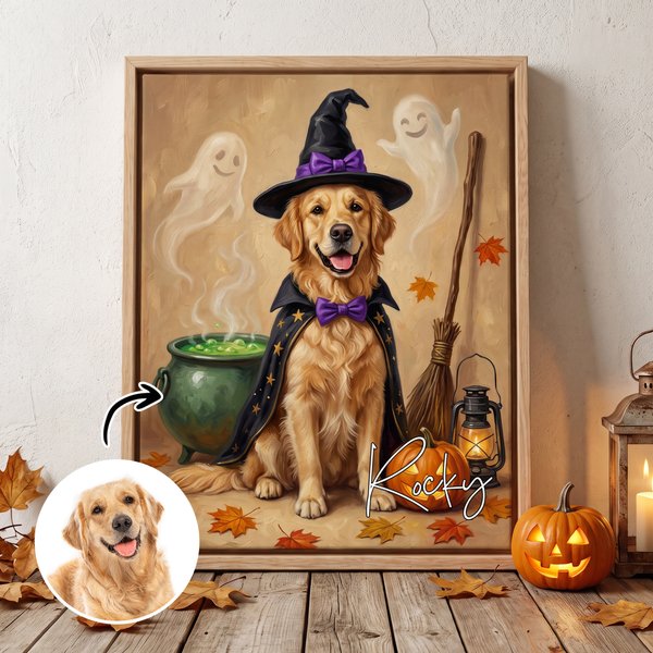 Personalized Halloween Themed Oil Painting Style Pet Photo Canvas Prints with Name Home Decor Ship from USA Halloween Gift for Pet Lover