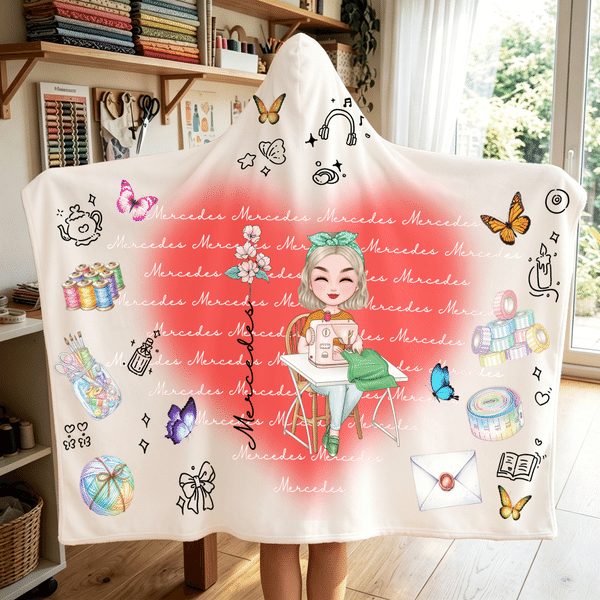 Personalized Birth Flower Cartoon Sewing Character Soft Hooded Blanket with Name Birthday Christmas Gift for Sewing Lovers