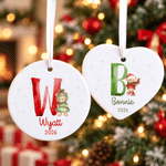 Personalized Teddy Bear Initial Ceramic Christmas Ornament with Name and Year Ribbon Home Decor Baby's First Christmas Gift for Kids Family